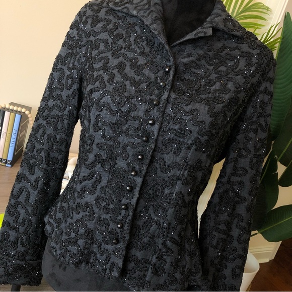 RALPH LAUREN Silk Blend Exquisite Beaded Smokey Gray Black Onyx Button Blazer M - Picture 3 of 9